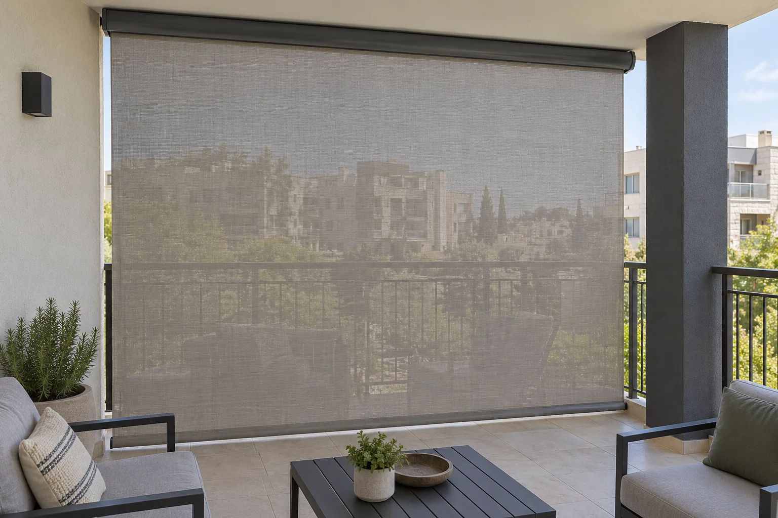 מסך רשת מורד בפתח מרפסת מדומה, עם שוליים חופשיים ללא מסילות צד