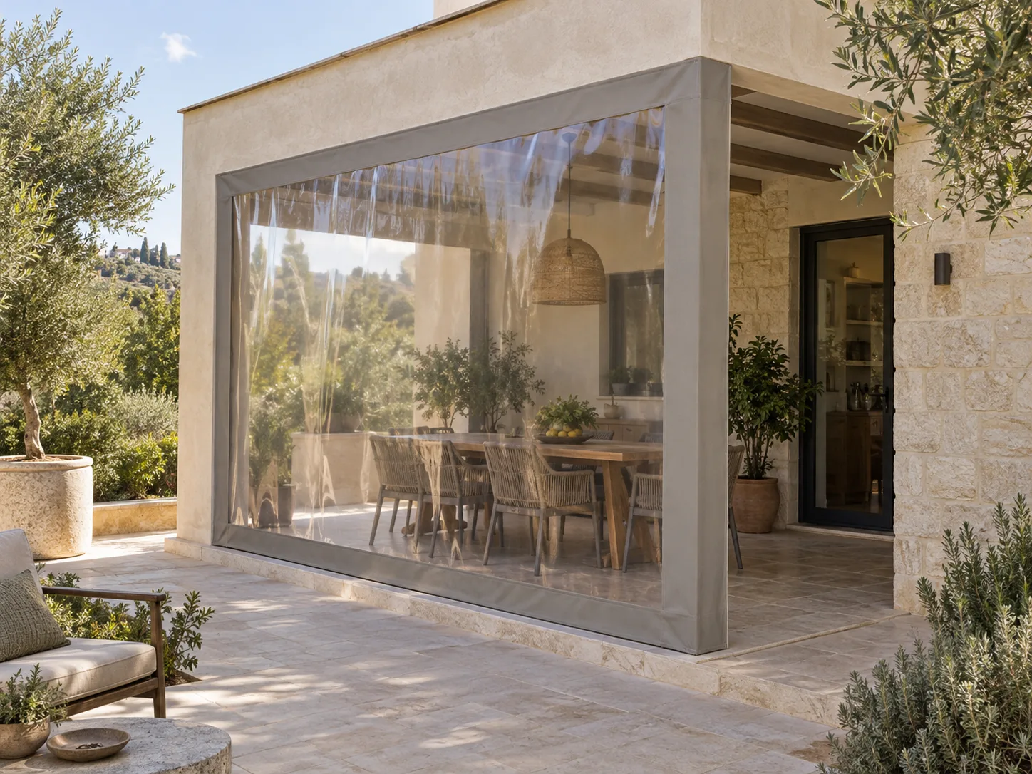 המחשה של יריעה גמישה שקופה עם שוליים אטומים במפתח של חצר מדומה.
