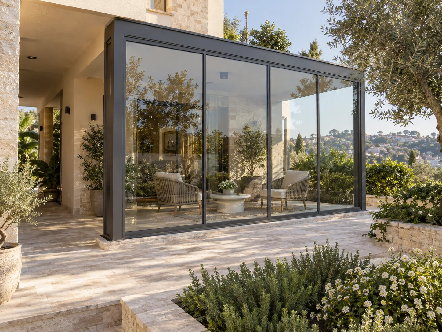 המחשה של שדות זכוכית ממוסגרים בחזית מדומה ללא ידיות פתיחה גלויות.